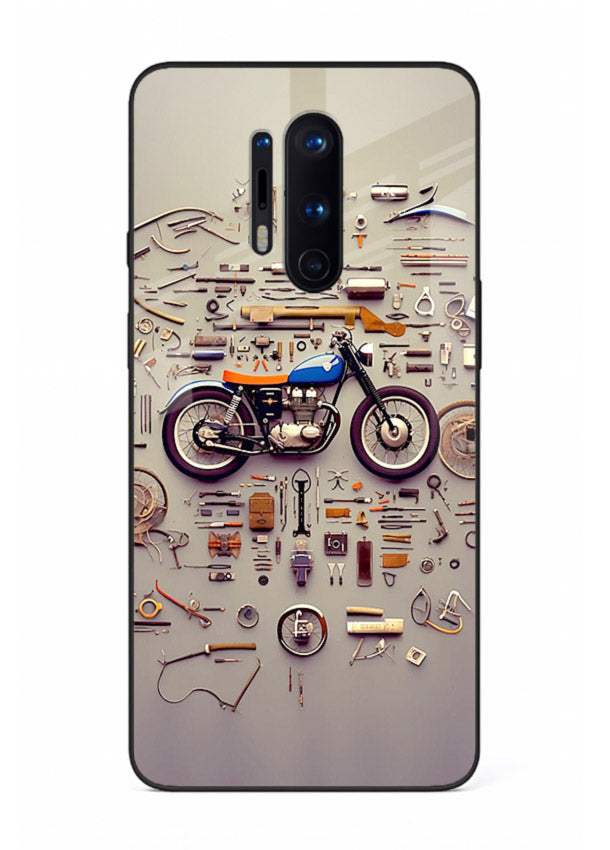 Exploded motorcycle parts arranged in detailed artistic layout for OnePlus 8 Pro Back Cover