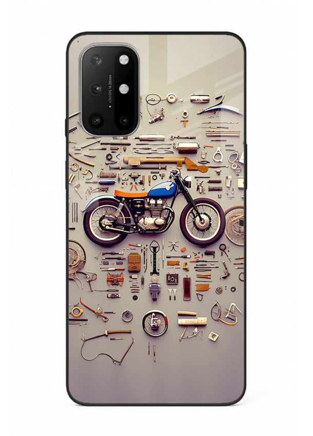 Exploded motorcycle parts arranged in detailed artistic layout for OnePlus 8T Back Cover