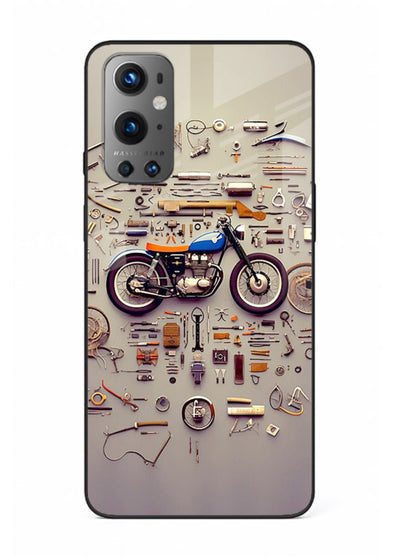 Exploded motorcycle parts arranged in detailed artistic layout for OnePlus 9 Back Cover