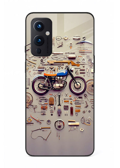 Exploded motorcycle parts arranged in detailed artistic layout for OnePlus 9 Pro Back Cover