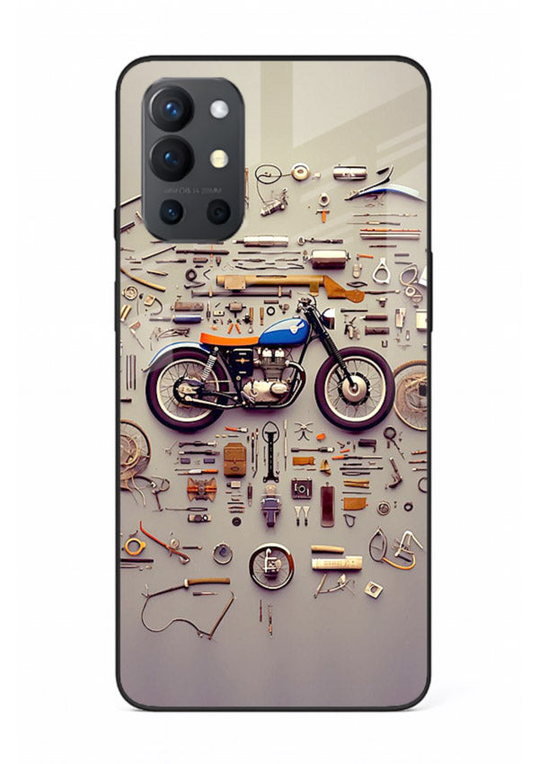 Exploded motorcycle parts arranged in detailed artistic layout for OnePlus 9R Back Cover