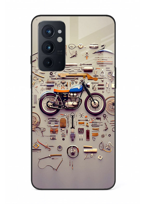 Exploded motorcycle parts arranged in detailed artistic layout for OnePlus 9RT Back Cover
