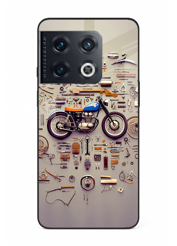 Exploded motorcycle parts arranged in detailed artistic layout for OnePlus 10 Pro Back Cover