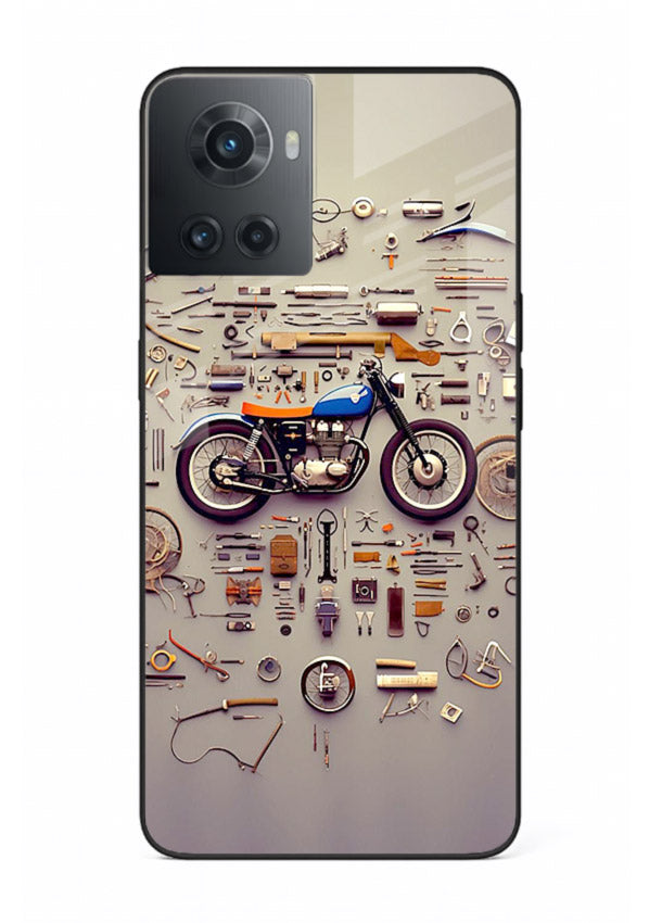 Exploded motorcycle parts arranged in detailed artistic layout for OnePlus 10R Back Cover