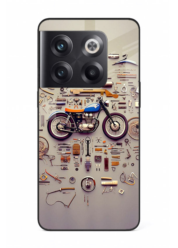 Exploded motorcycle parts arranged in detailed artistic layout for OnePlus 10T Back Cover