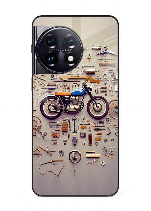 Exploded motorcycle parts arranged in detailed artistic layout for OnePlus 11R Back Cover