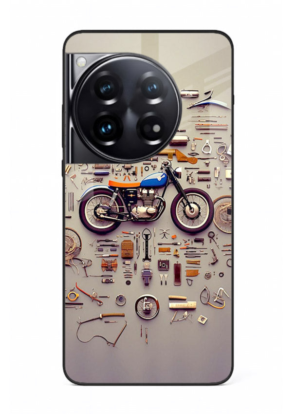 Exploded motorcycle parts arranged in detailed artistic layout for OnePlus 12 Back Cover