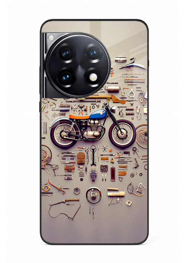 Exploded motorcycle parts arranged in detailed artistic layout for OnePlus 12R Back Cover