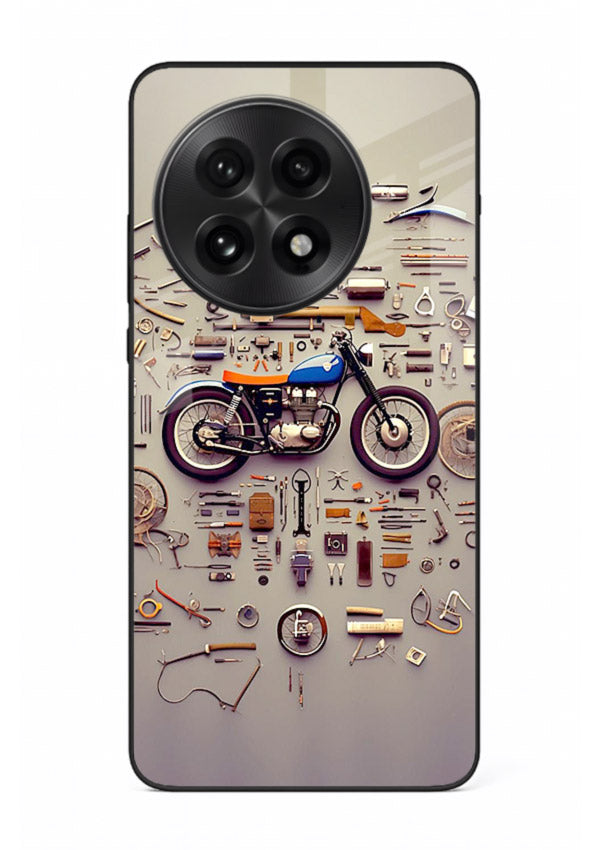 Exploded motorcycle parts arranged in detailed artistic layout for OnePlus 13R Back Cover