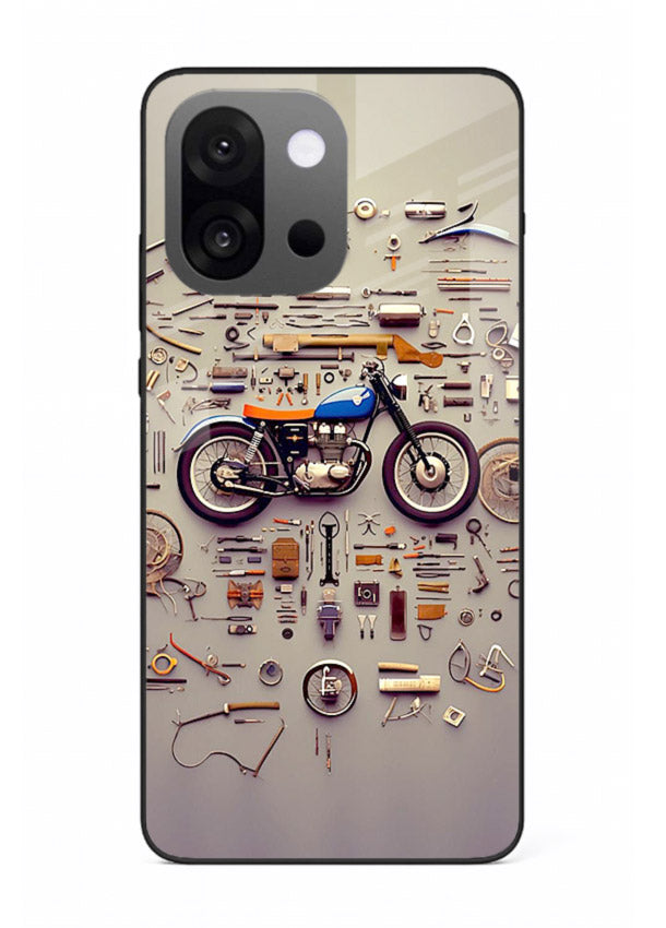 Exploded motorcycle parts arranged in detailed artistic layout for OnePlus 13s Back Cover