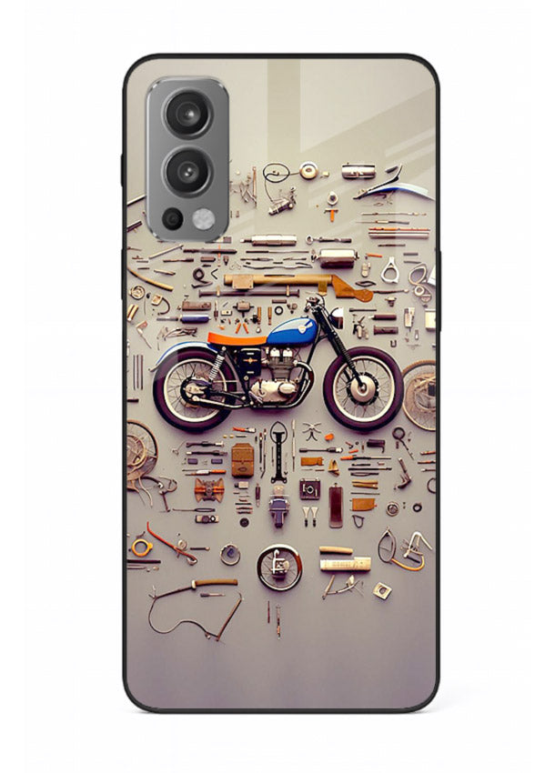 Exploded motorcycle parts arranged in detailed artistic layout for OnePlus Nord 2 Back Cover