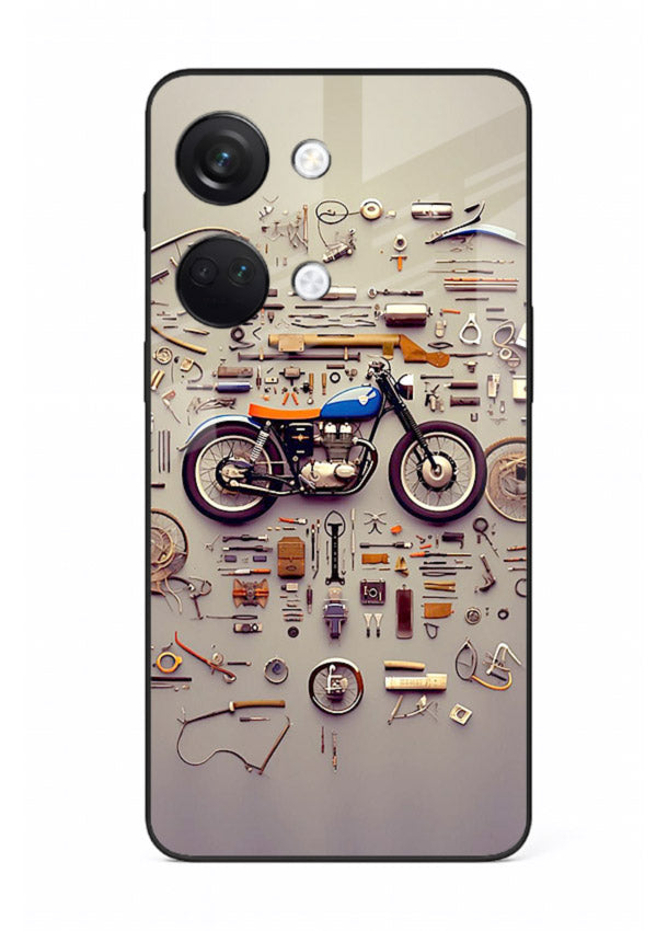 Exploded motorcycle parts arranged in detailed artistic layout for OnePlus Nord 3 Back Cover