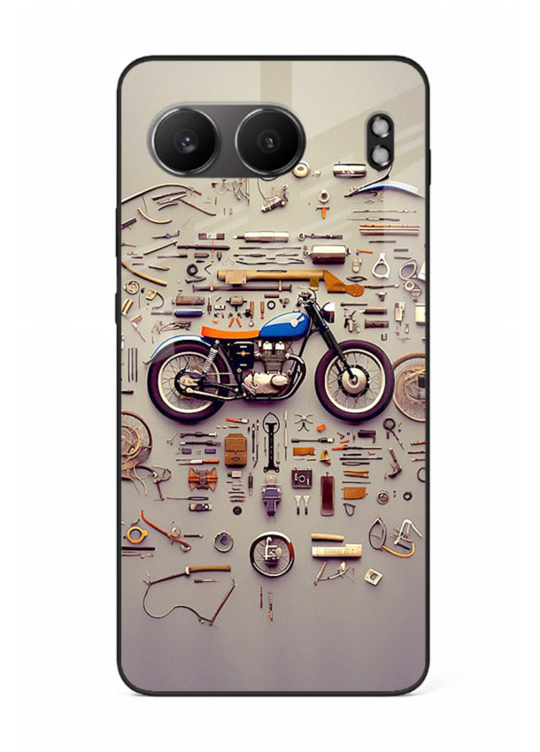 Exploded motorcycle parts arranged in detailed artistic layout for OnePlus Nord 4 Back Cover