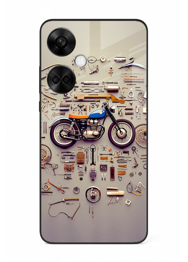 Exploded motorcycle parts arranged in detailed artistic layout for OnePlus Nord CE3 Back Cover