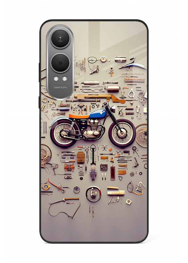Exploded motorcycle parts arranged in detailed artistic layout for OnePlus Nord CE4 Lite Back Cover