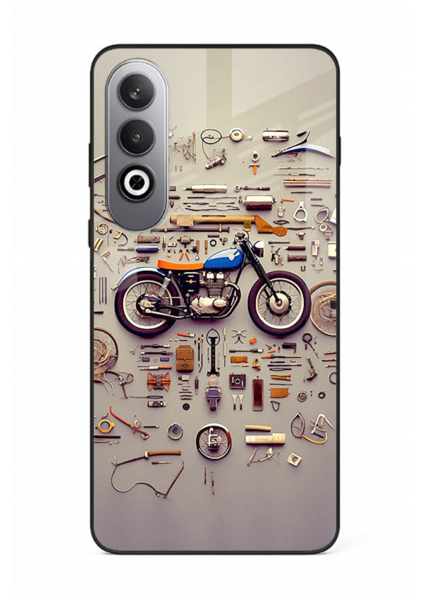 Exploded motorcycle parts arranged in detailed artistic layout for OnePlus Nord CE4 Back Cover