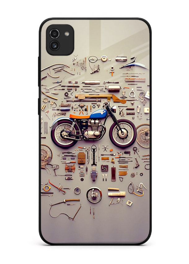 Exploded motorcycle parts arranged in detailed artistic layout for Samsung A03 Back Cover
