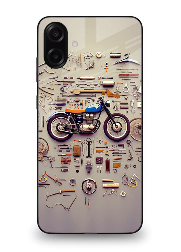 Exploded motorcycle parts arranged in detailed artistic layout for Samsung M04 Back Cover