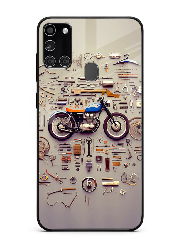 Exploded motorcycle parts arranged in detailed artistic layout for Samsung A21s Back Cover