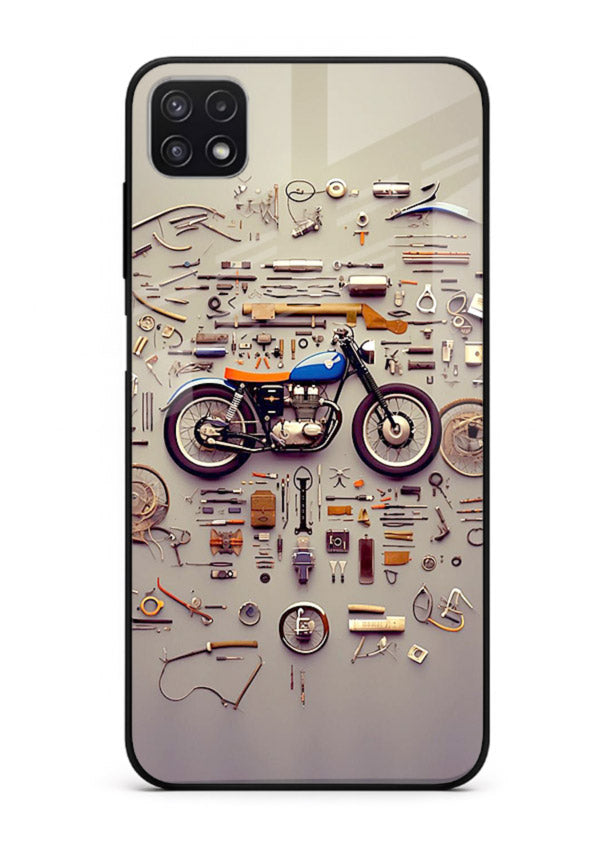 Exploded motorcycle parts arranged in detailed artistic layout for Samsung F42 5G Back Cover