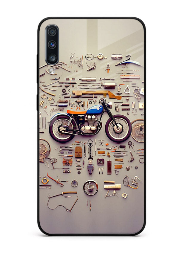 Exploded motorcycle parts arranged in detailed artistic layout for Samsung A70 Back Cover