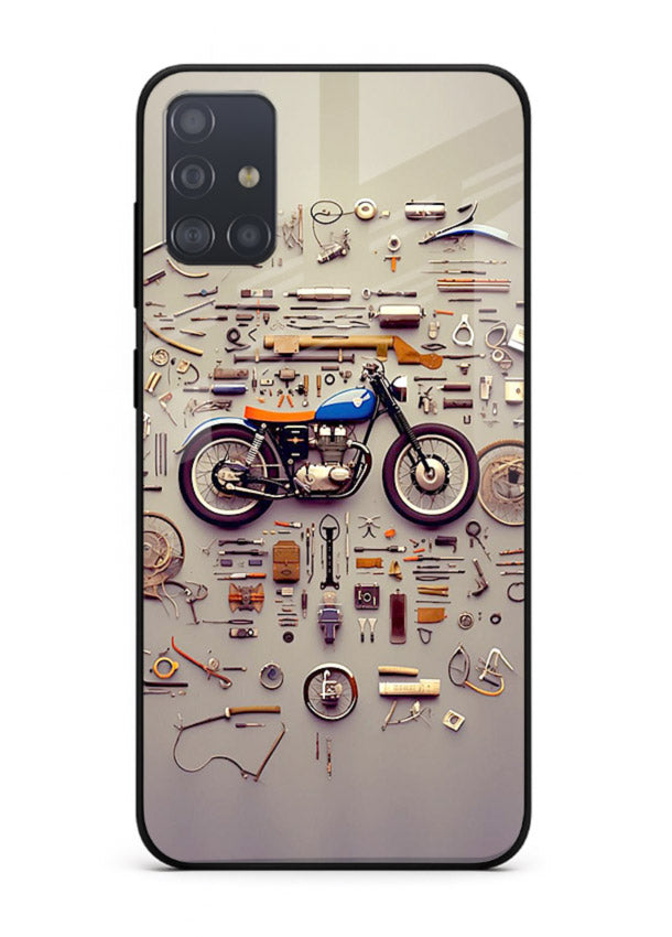 Exploded motorcycle parts arranged in detailed artistic layout for Samsung A71 Back Cover