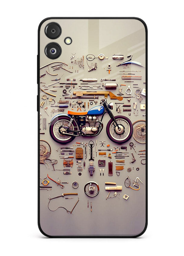 Exploded motorcycle parts arranged in detailed artistic layout for Samsung F05 5G Back Cover