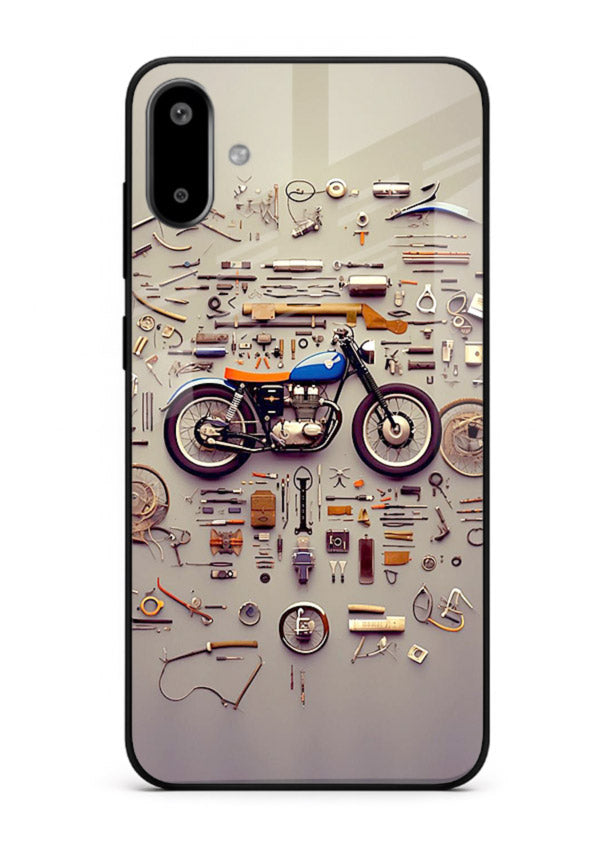 Exploded motorcycle parts arranged in detailed artistic layout for Samsung F06 5G Back Cover