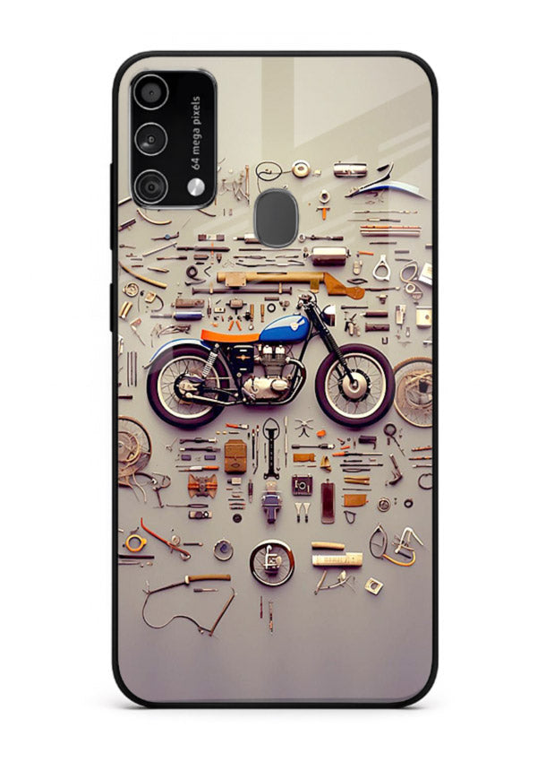 Exploded motorcycle parts arranged in detailed artistic layout for Samsung F41 Back Cover