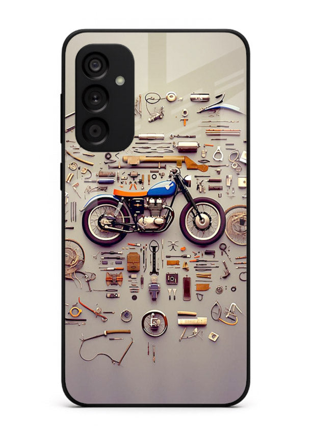 Exploded motorcycle parts arranged in detailed artistic layout for Samsung A34 5G Back Cover