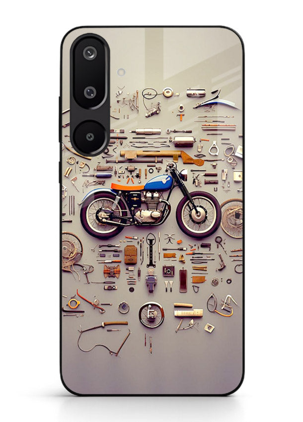 Exploded motorcycle parts arranged in detailed artistic layout for Samsung F16 5G Back Cover