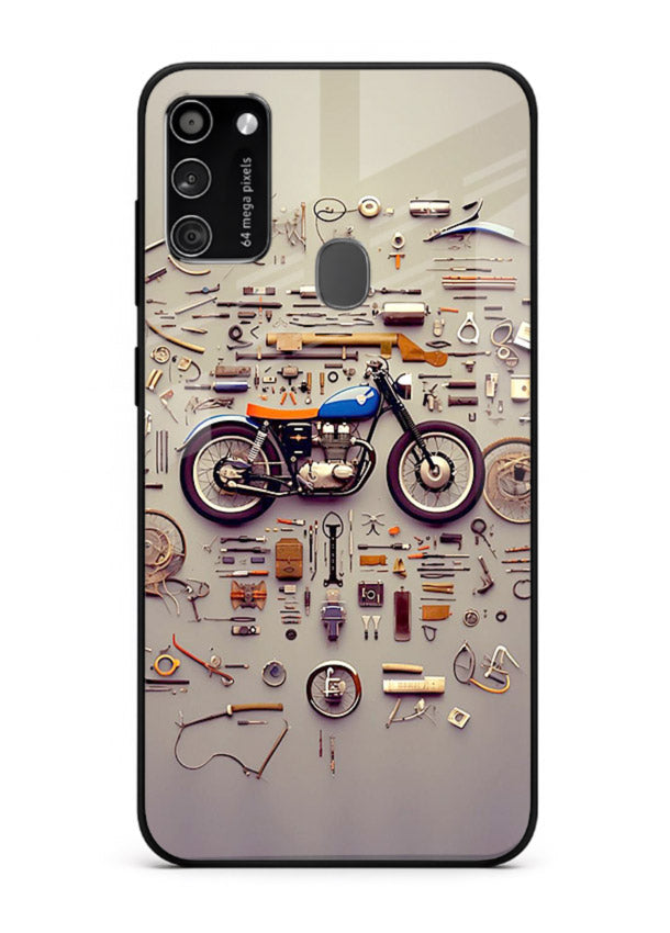 Exploded motorcycle parts arranged in detailed artistic layout for Samsung M30s Back Cover