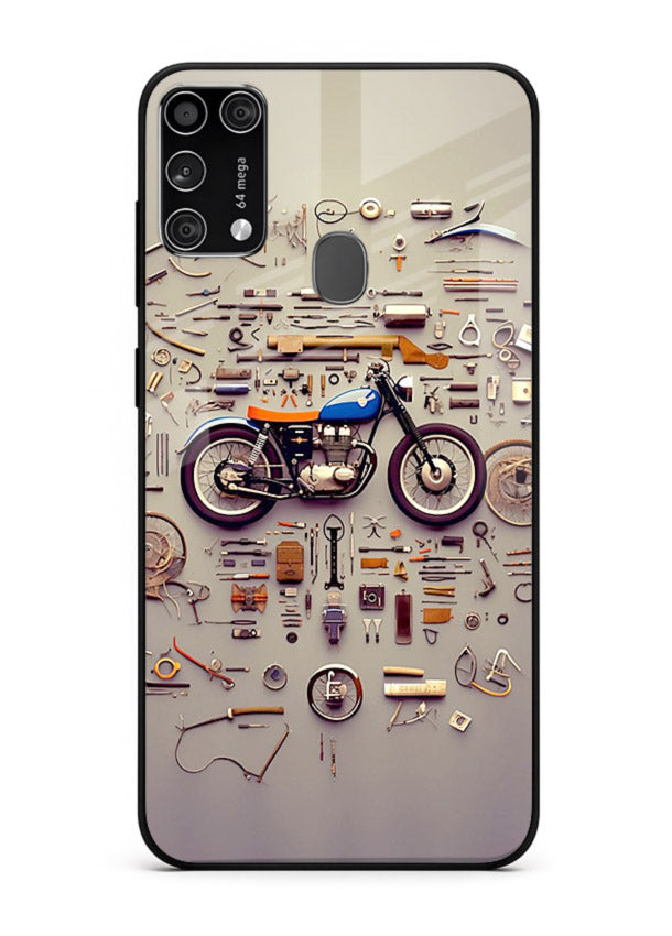 Exploded motorcycle parts arranged in detailed artistic layout for Samsung M31 Back Cover