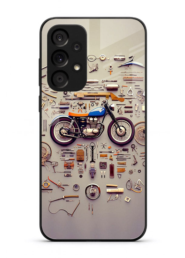 Exploded motorcycle parts arranged in detailed artistic layout for Samsung A33 5G Back Cover