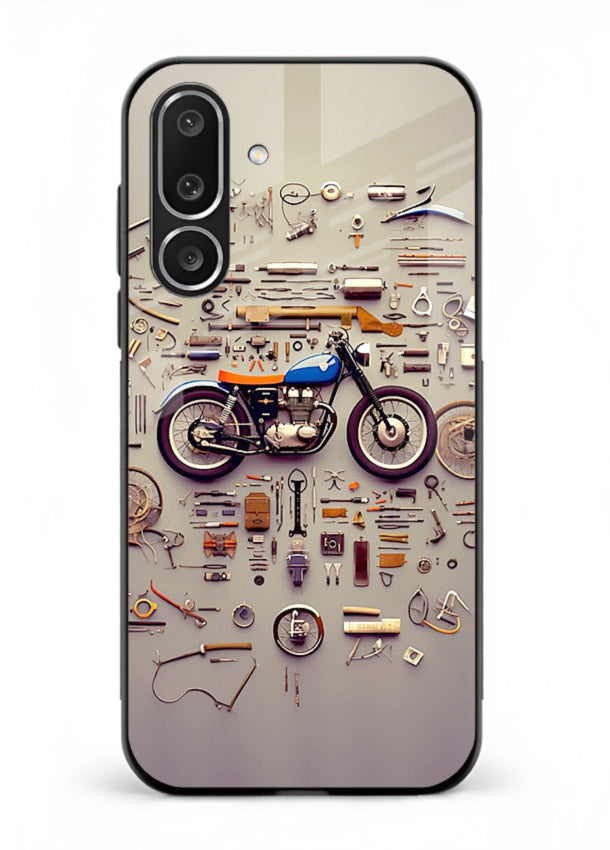 Exploded motorcycle parts arranged in detailed artistic layout for Samsung M36 5G Back Cover