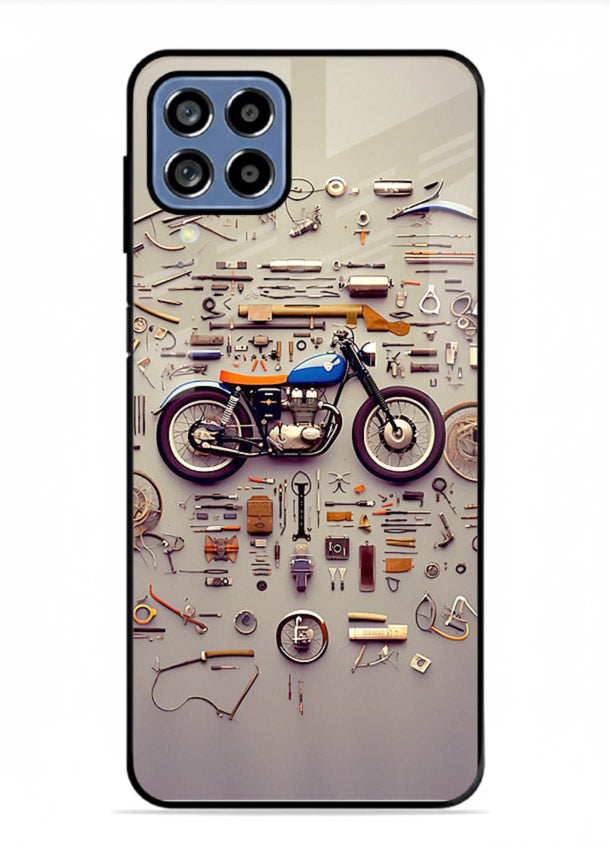 Exploded motorcycle parts arranged in detailed artistic layout for Samsung F12 5G Back Cover
