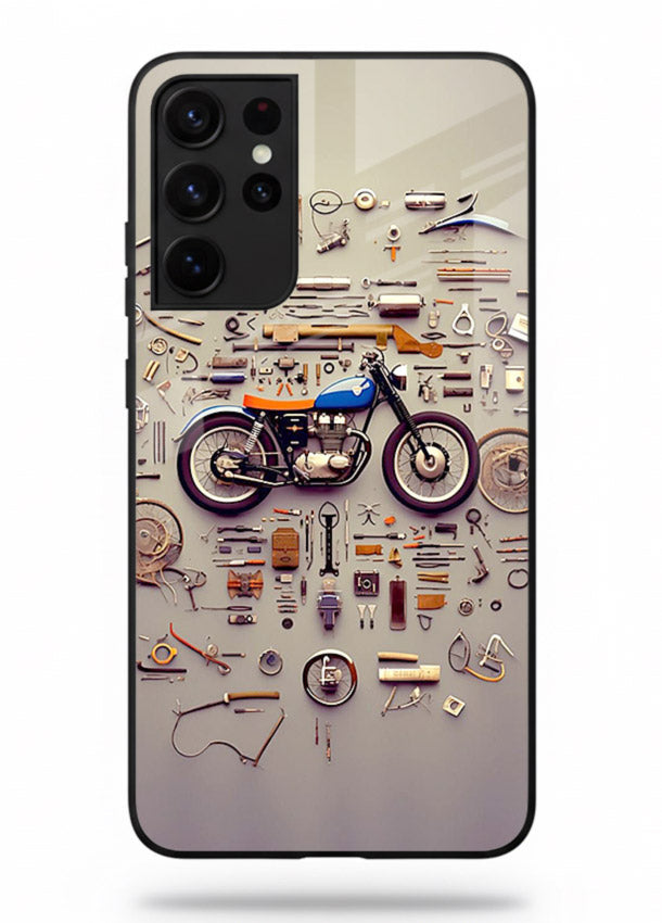 Exploded motorcycle parts arranged in detailed artistic layout for Samsung S21 Ultra Back Cover