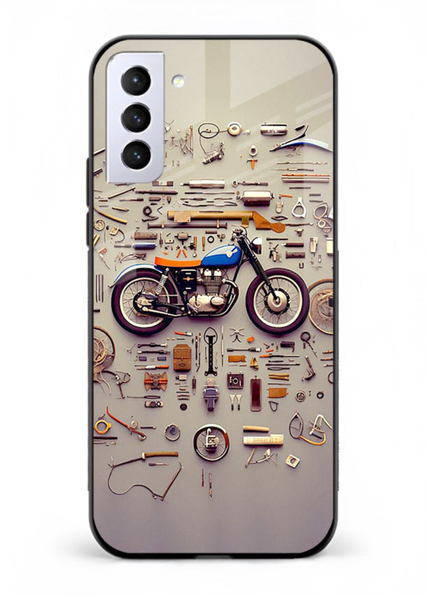Exploded motorcycle parts arranged in detailed artistic layout for Samsung S21 Back Cover