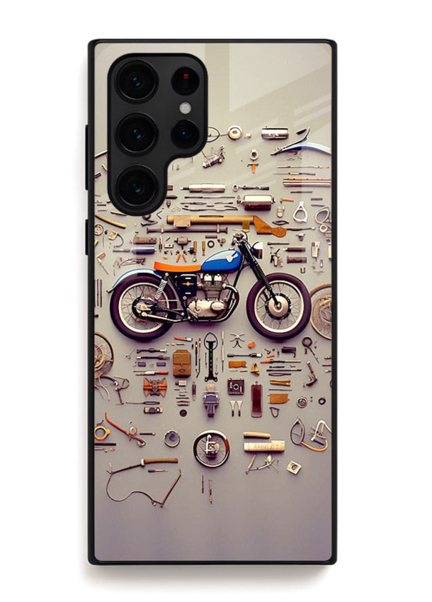 Exploded motorcycle parts arranged in detailed artistic layout for Samsung S22 Ultra Back Cover