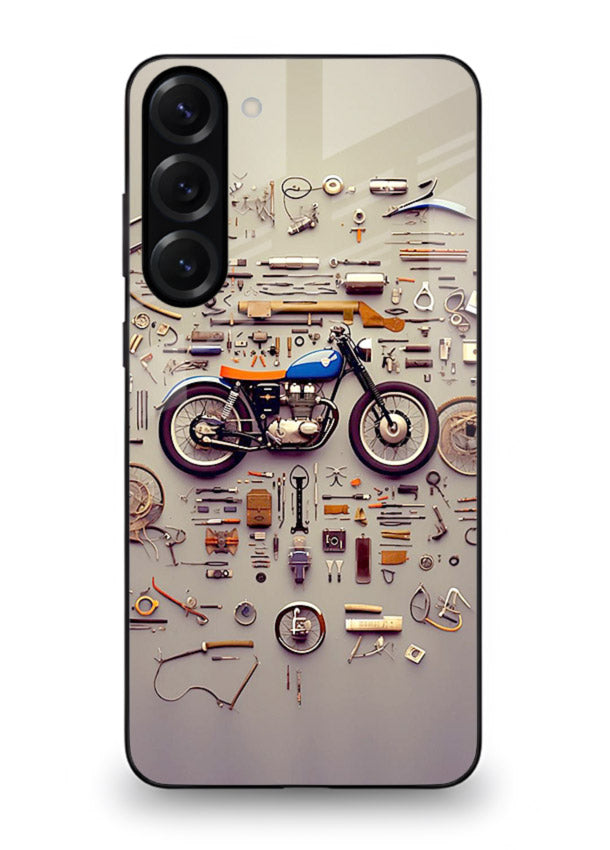 Exploded motorcycle parts arranged in detailed artistic layout for Samsung S23 Back Cover