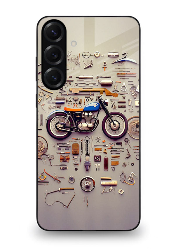 Exploded motorcycle parts arranged in detailed artistic layout for Samsung M35 5G Back Cover