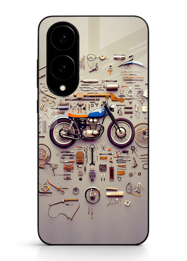 Exploded motorcycle parts arranged in detailed artistic layout for Samsung S25 Edge Back Cover