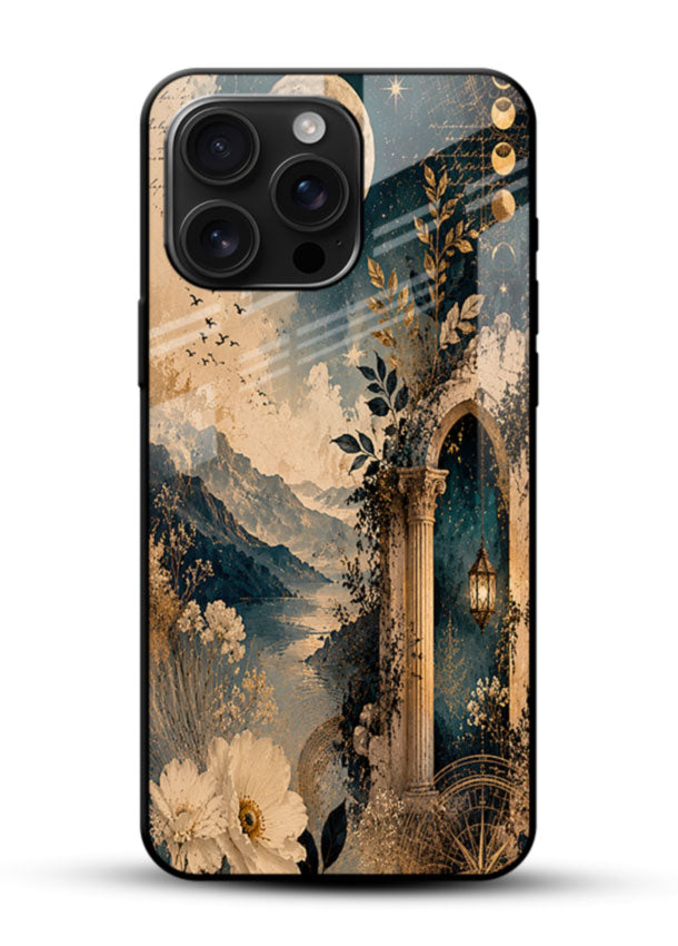 Mountain moon floral glass back cover with night sky and white flowers design - 1
