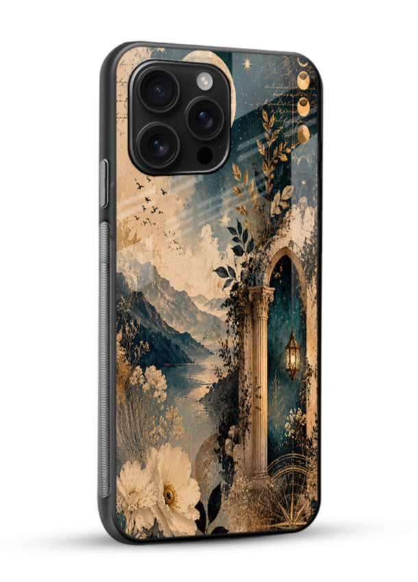 Mountain moon floral glass back cover with night sky and white flowers design - 2