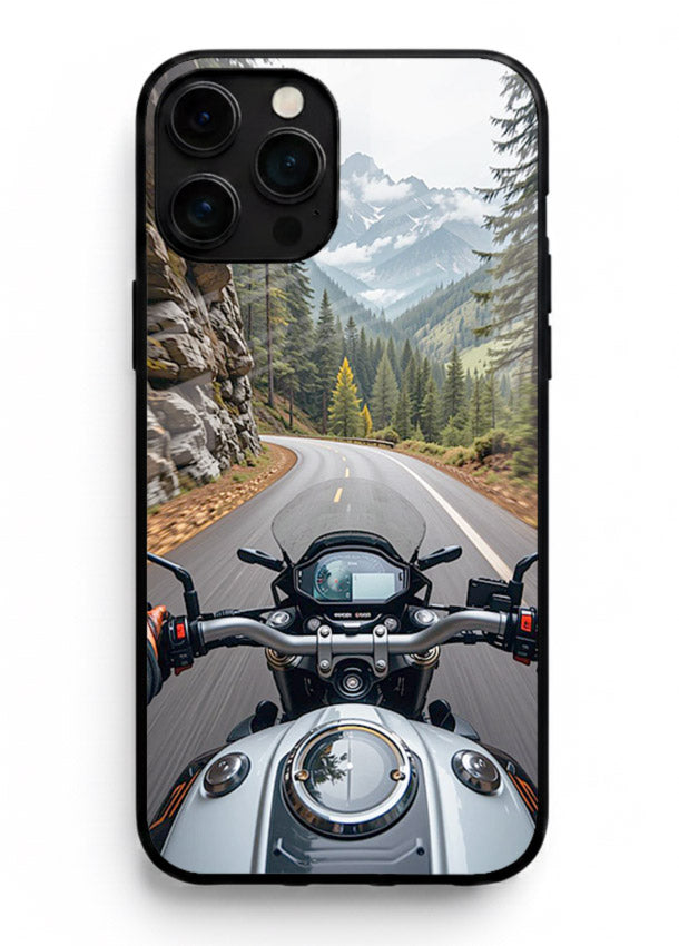 Mountain road ride perspective printed on tempered glass iPhone 13 Pro Max back cover