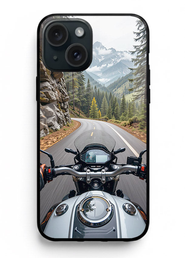 Mountain road ride perspective printed on tempered glass iPhone 14 Plus back cover