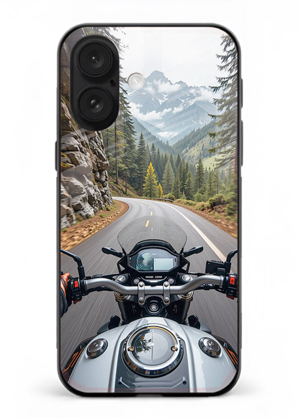 Mountain road ride perspective printed on tempered glass iPhone 16 back cover