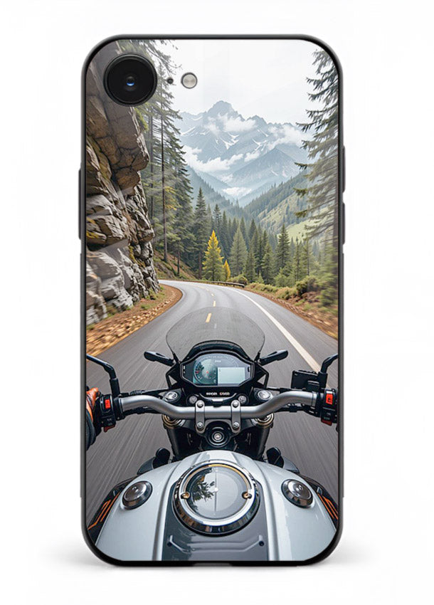 Mountain road ride perspective printed on tempered glass iPhone 16E back cover