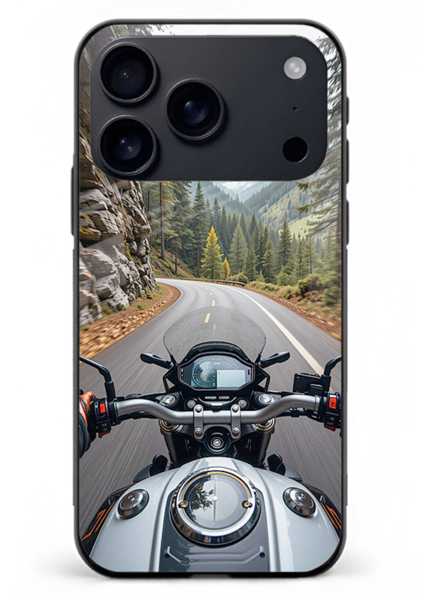 Mountain road ride perspective printed on tempered glass iPhone 18 Pro Max back cover