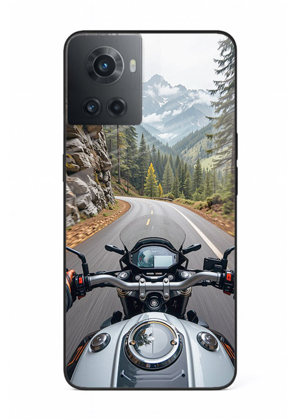 Mountain road ride perspective printed on tempered glass OnePlus 10R back cover